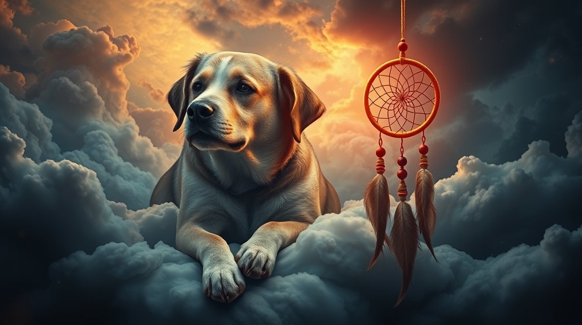 Cane sdraiato tra le nuvole con un sogno acchiappasogni.