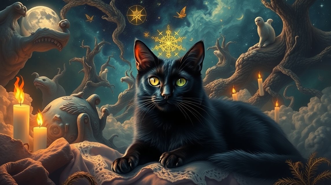 Gatto nero in un ambiente onirico con simboli e candele