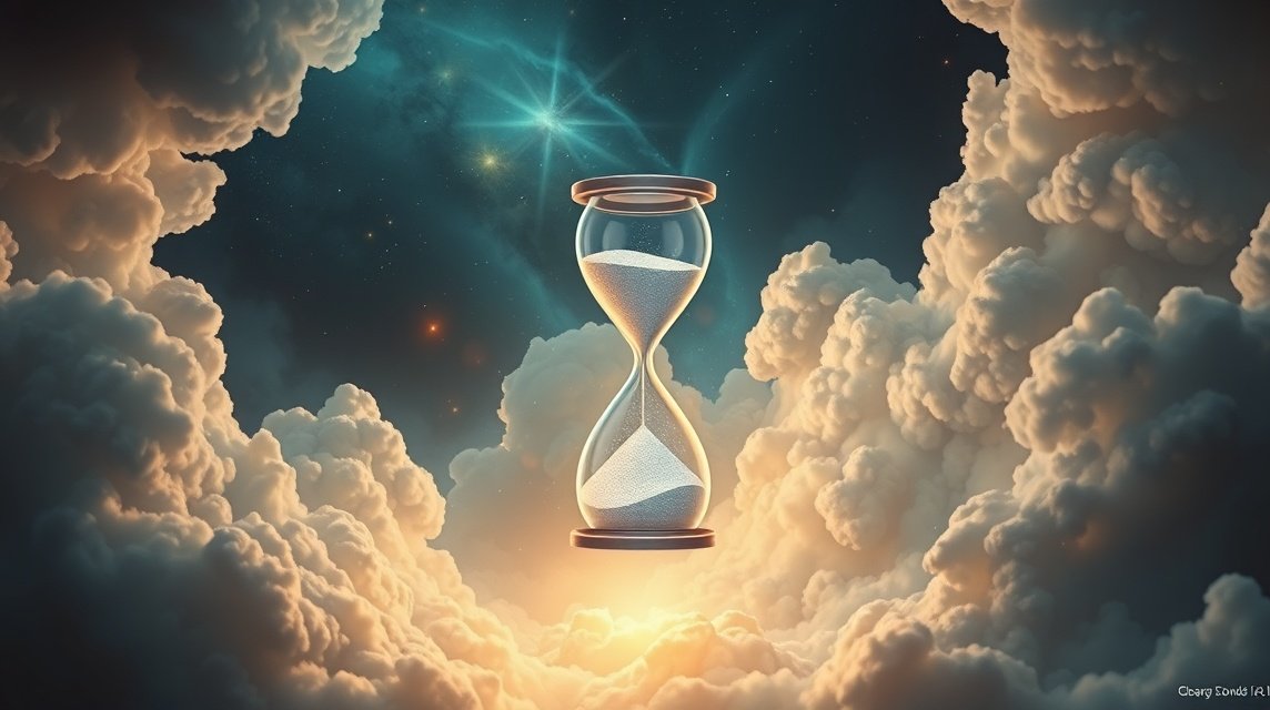 Una clessidra in un paesaggio onirico di nuvole e stelle