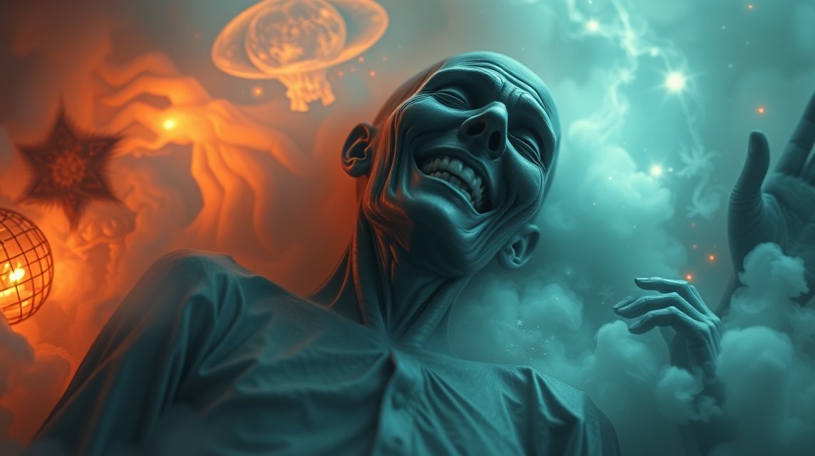 Immagine di un morto che ride con elementi onirici e simboli misteriosi.