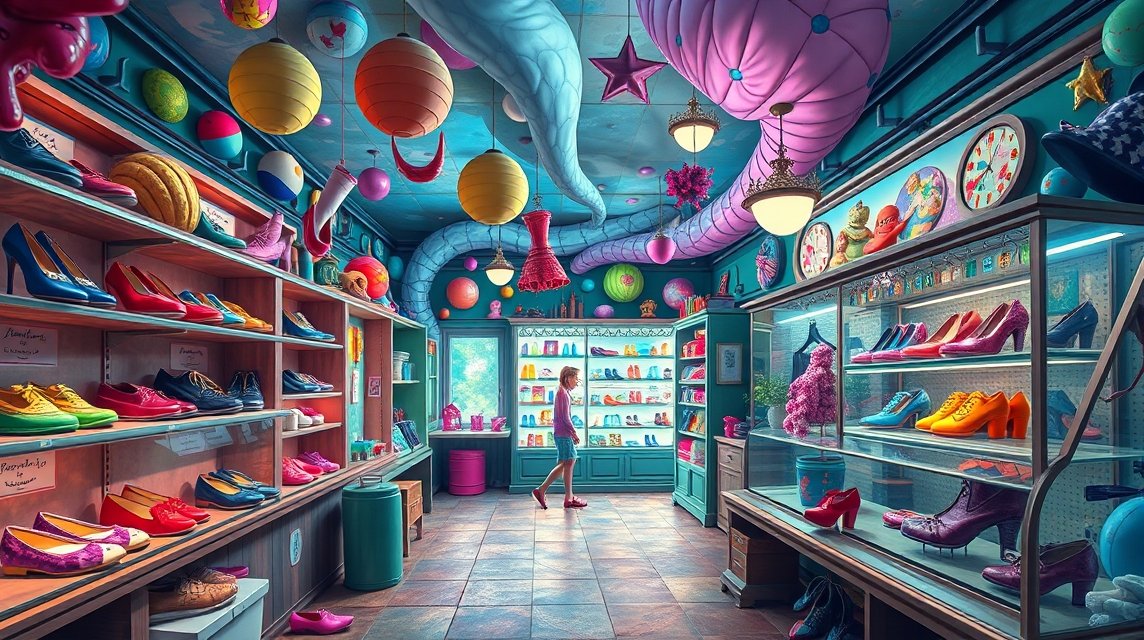 Interno colorato di un negozio di scarpe con diverse paia in esposizione
