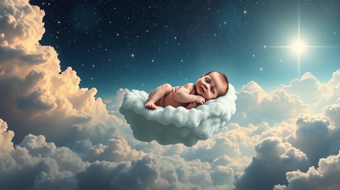 Neonato che dorme su una nuvola nel cielo stellato, simbolo di speranza.