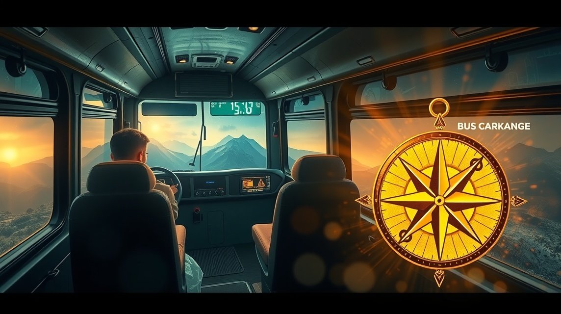 Interno di un pullman con un autista e una vista panoramica