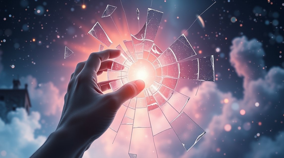 Mano che tocca un vetro rotto illuminato da una luce misteriosa