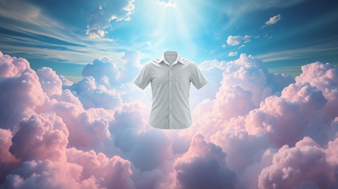 Camicia bianca fluttuante tra le nuvole, simbolo di purezza e nuovi inizi.