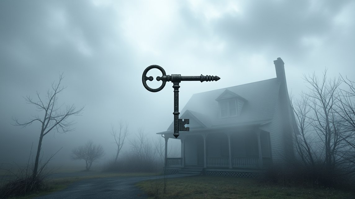 Chiave sognante davanti a casa abbandonata immersa nella nebbia