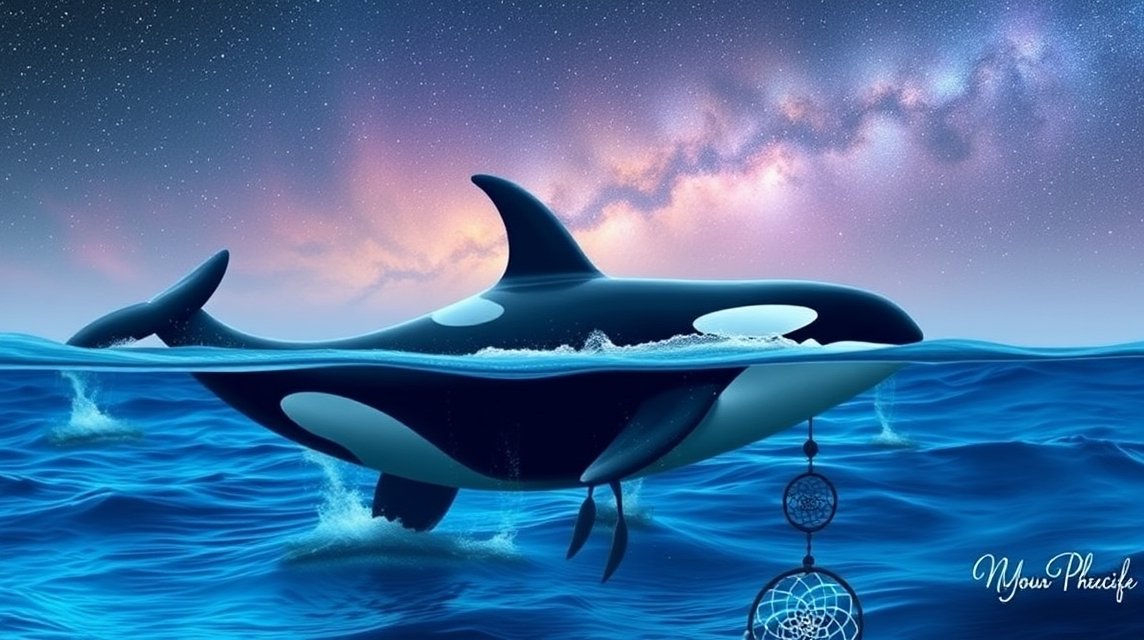 Orca che nuota nel mare con un sogno incantevole sullo sfondo.