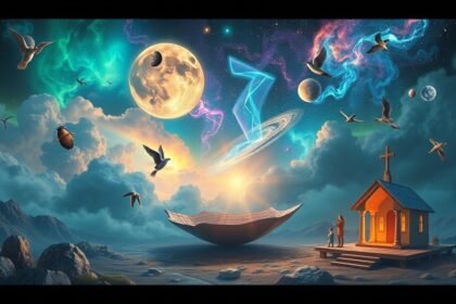 Rappresentazione onirica con simboli e elementi naturali