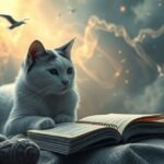 Gatto bianco su un libro illuminato da una lanterna