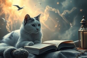 Gatto bianco su un libro illuminato da una lanterna