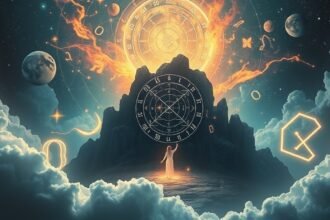 Rappresentazione di numeri angelici e simboli cosmici nel cielo.