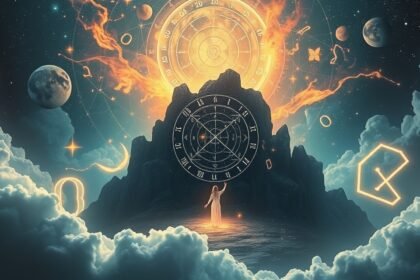 Rappresentazione di numeri angelici e simboli cosmici nel cielo.