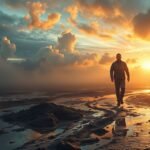 Uomo che cammina nel fango al tramonto, simbolo di sforzi e ostacoli.