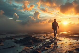 Uomo che cammina nel fango al tramonto, simbolo di sforzi e ostacoli.