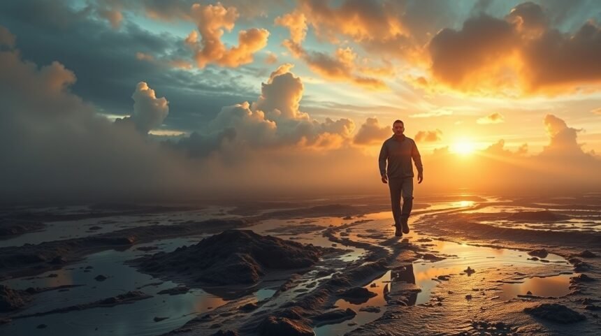 Uomo che cammina nel fango al tramonto, simbolo di sforzi e ostacoli.
