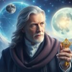 Uomo con chiave dorata sotto un cielo stellato e lunare