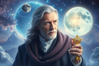 Uomo con chiave dorata sotto un cielo stellato e lunare