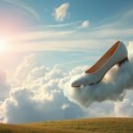Scarpa bianca fluttuante tra le nuvole con sole in lontananza