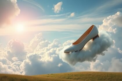 Scarpa bianca fluttuante tra le nuvole con sole in lontananza