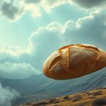 Pane fluttuante nel paesaggio con nuvole e montagne