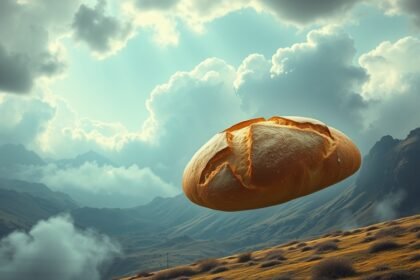 Pane fluttuante nel paesaggio con nuvole e montagne