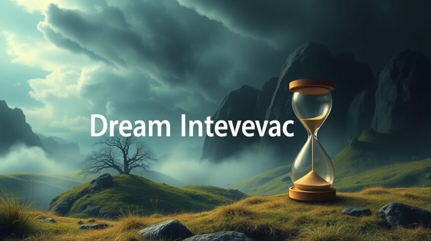 Un paesaggio onirico con una clessidra e un albero, simbolo di sogni e tempo.