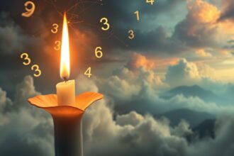 Cero di candela che brucia, circondato da numeri fluttuanti