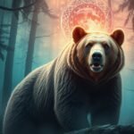 Orso in un bosco misterioso, simbolo di forza e protezione.