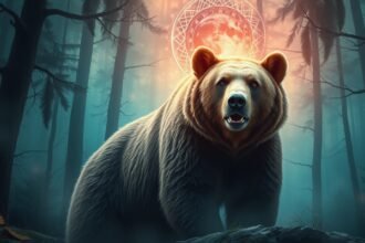 Orso in un bosco misterioso, simbolo di forza e protezione.