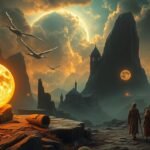 Paesaggio onirico con globi luminosi e figure misteriose.