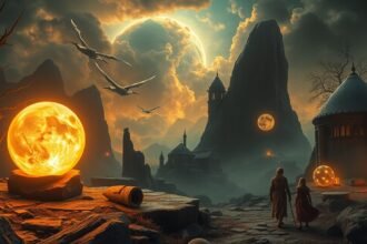 Paesaggio onirico con globi luminosi e figure misteriose.