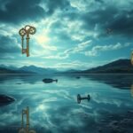 Chiavi e orologi fluttuanti sopra un lago sereno, simbolo di sogni