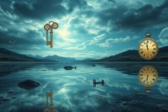 Chiavi e orologi fluttuanti sopra un lago sereno, simbolo di sogni