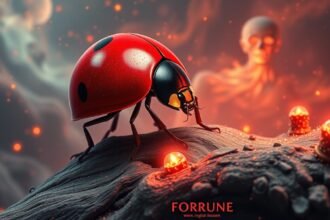 Coccinella rossa simbolo di fortuna tra elementi naturali e misteriosi