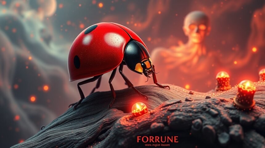 Coccinella rossa simbolo di fortuna tra elementi naturali e misteriosi