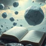 Libro aperto con grandine fluttuante sullo sfondo di montagne.