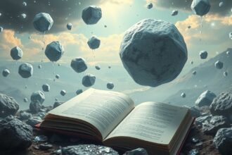 Libro aperto con grandine fluttuante sullo sfondo di montagne.