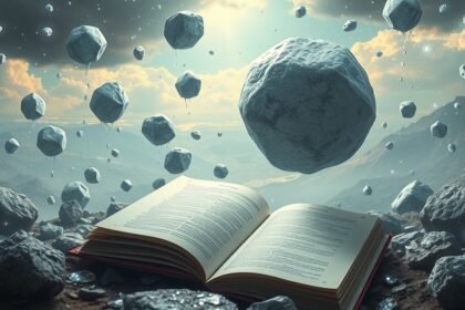 Libro aperto con grandine fluttuante sullo sfondo di montagne.