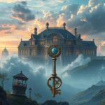 Chiave d'oro davanti a una grande casa in un paesaggio drammatico