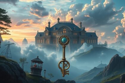 Chiave d'oro davanti a una grande casa in un paesaggio drammatico