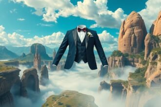 Vestito da sposo che fluttua in un paesaggio mozzafiato