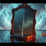 Specchio rotto con candele e nuvole sullo sfondo simbolico