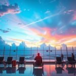 Vista di un aeroporto al tramonto con passeggeri in attesa