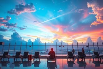Vista di un aeroporto al tramonto con passeggeri in attesa