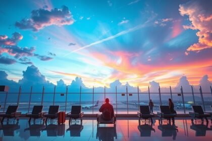 Vista di un aeroporto al tramonto con passeggeri in attesa
