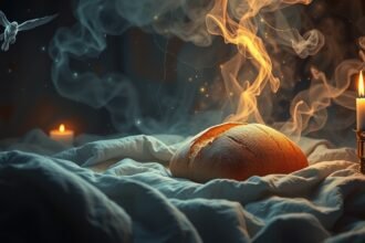 Pane fumante su un letto di tessuto bianco con candele