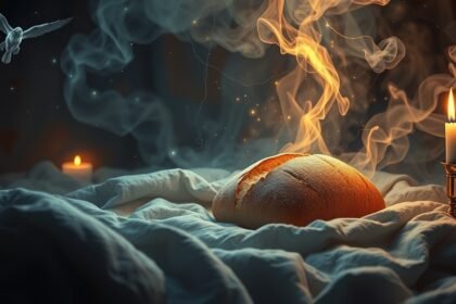 Pane fumante su un letto di tessuto bianco con candele