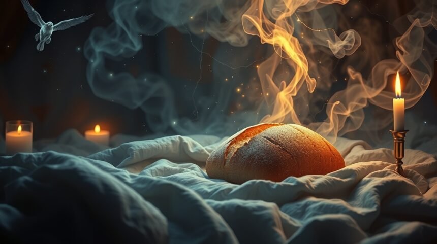 Pane fumante su un letto di tessuto bianco con candele