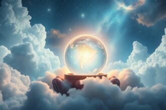 Mondo sognante in un globo trasparente tra nuvole