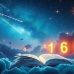 Libro aperto sotto un cielo stellato con stelle cadenti e numeri Lotto